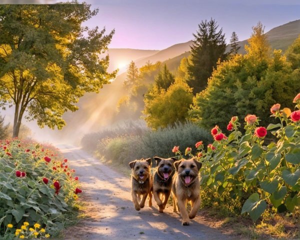 Happy dogs running in a scenic outdoor landscape
