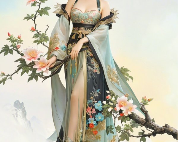 Graceful Figure Amid Blooming Cherry Blossoms and Gown