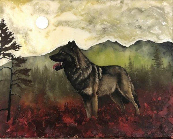 Majestic wolf in misty mountains with red foliage