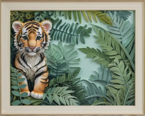 Tiger Cub Among Lush Green Paper Cutout Foliage
