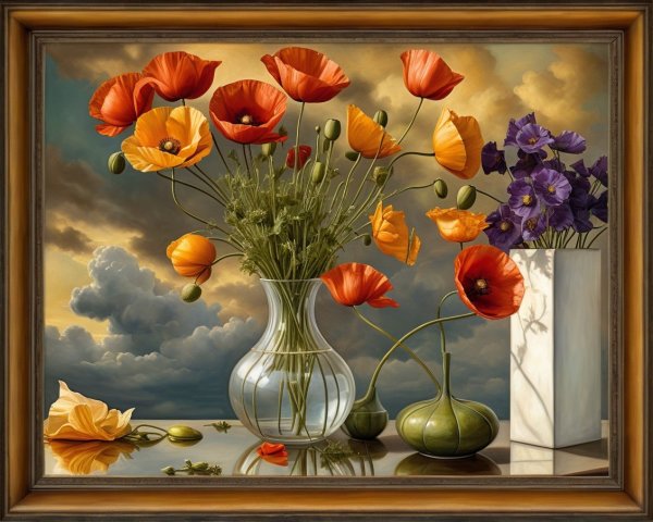 Vibrant Still Life with Poppies and Purple Flowers