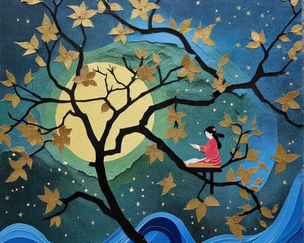 Traditional Attire Figure on Whimsical Tree Branch