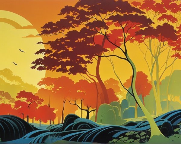 Vibrant Autumn Landscape with Stylized Trees and Sun