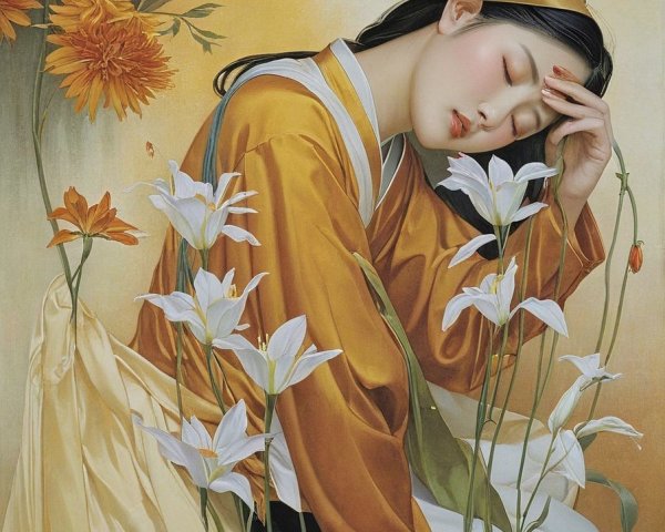 Serene Figure in Golden Robe Surrounded by Flowers