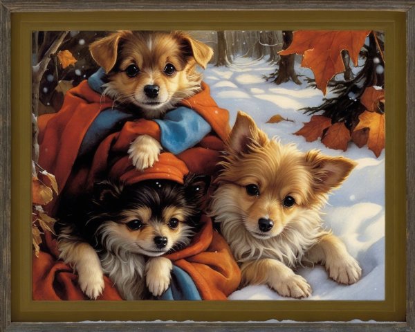 Chihuahuas Snuggled Under Blanket in Snowy Setting