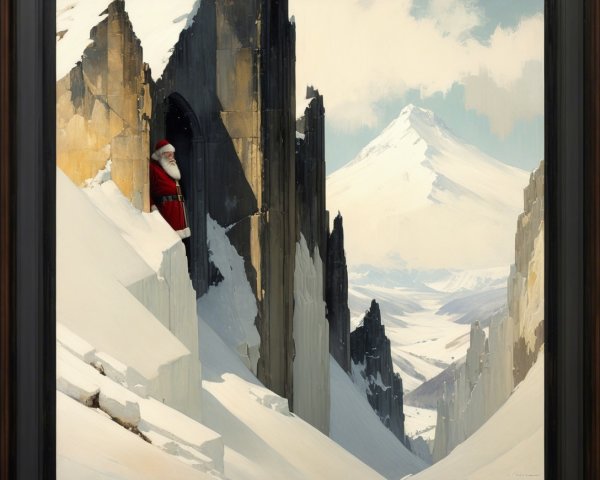 Oil Painting of Santa Claus at Snowy Fortress Landscape