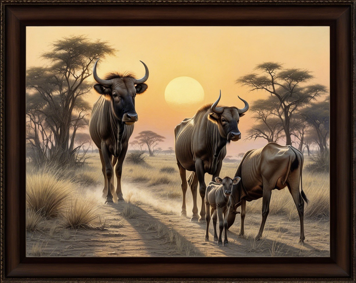 Wildebeest Herd on Dirt Road at Sunset in Savanna