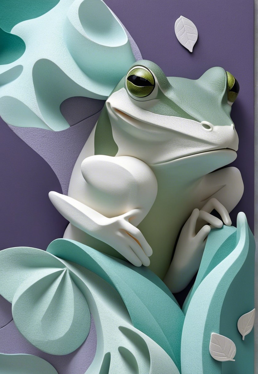 Stylized Frog Among Abstract Blue and Green Leaves