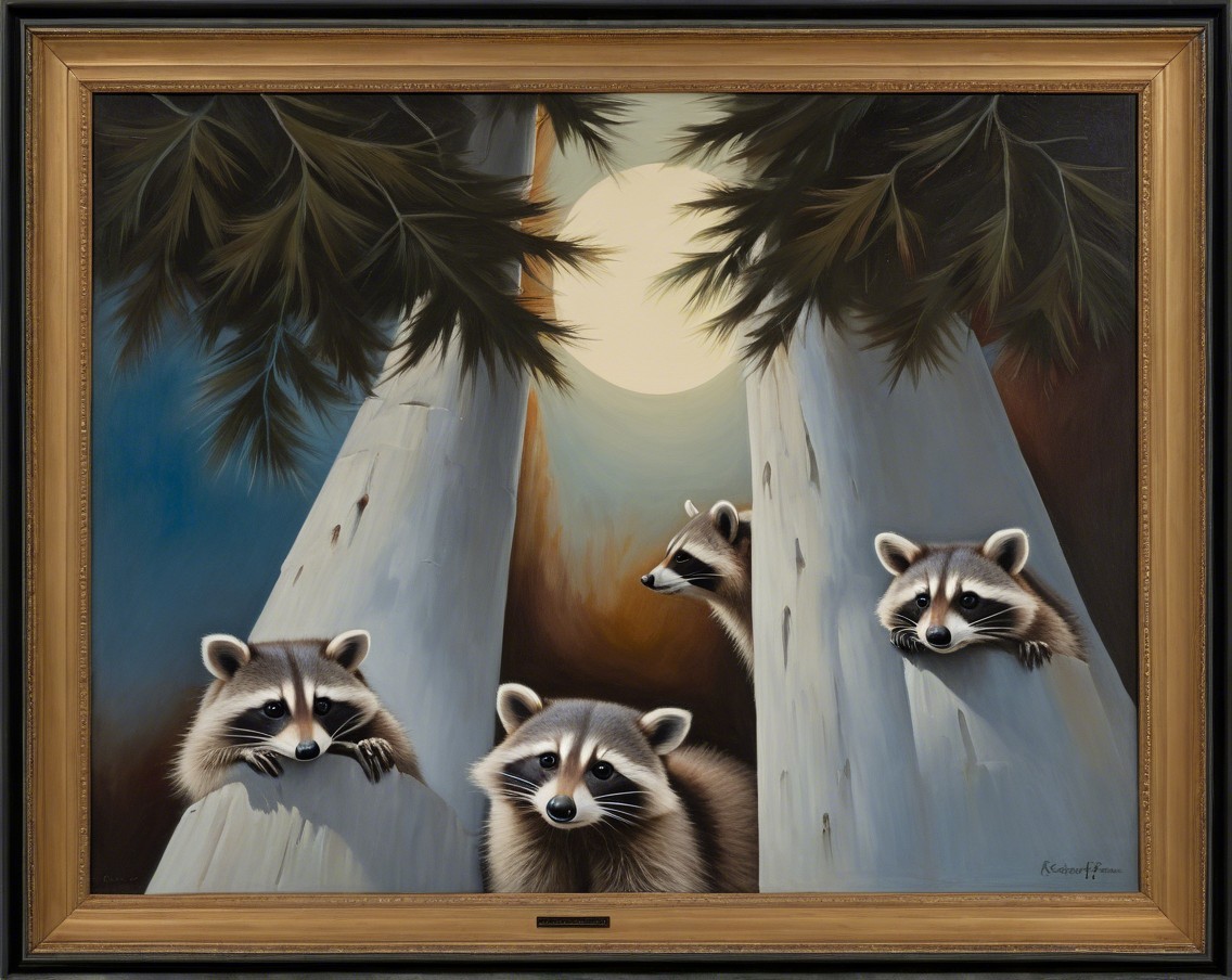 Raccoons Behind Trees with Moonlit Evening Background