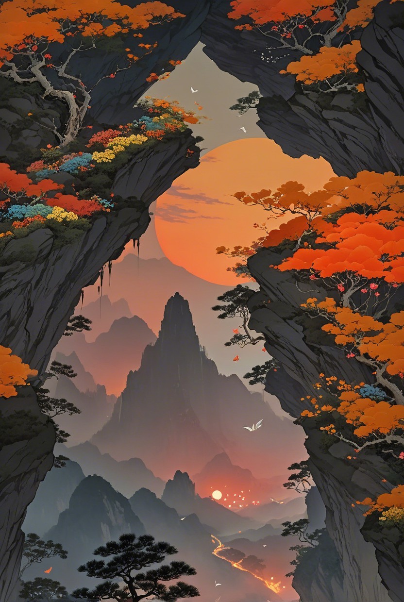 Autumn Landscape with Mountains and Sunset Glow