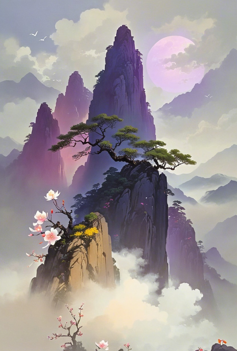 Serene Mountain Landscape with Cherry Blossoms and Moon