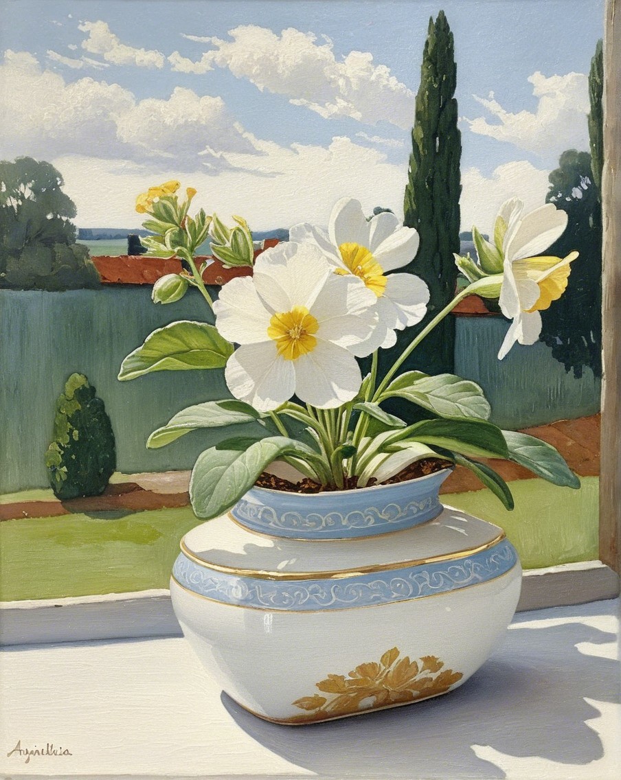 Still-Life Painting of Porcelain Pot with Flowers