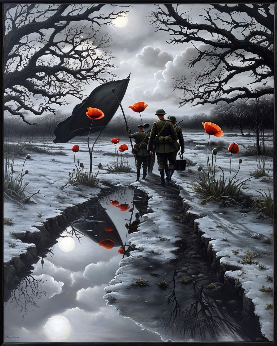 Soldiers in Snowy Landscape with Dark Flag and Poppies