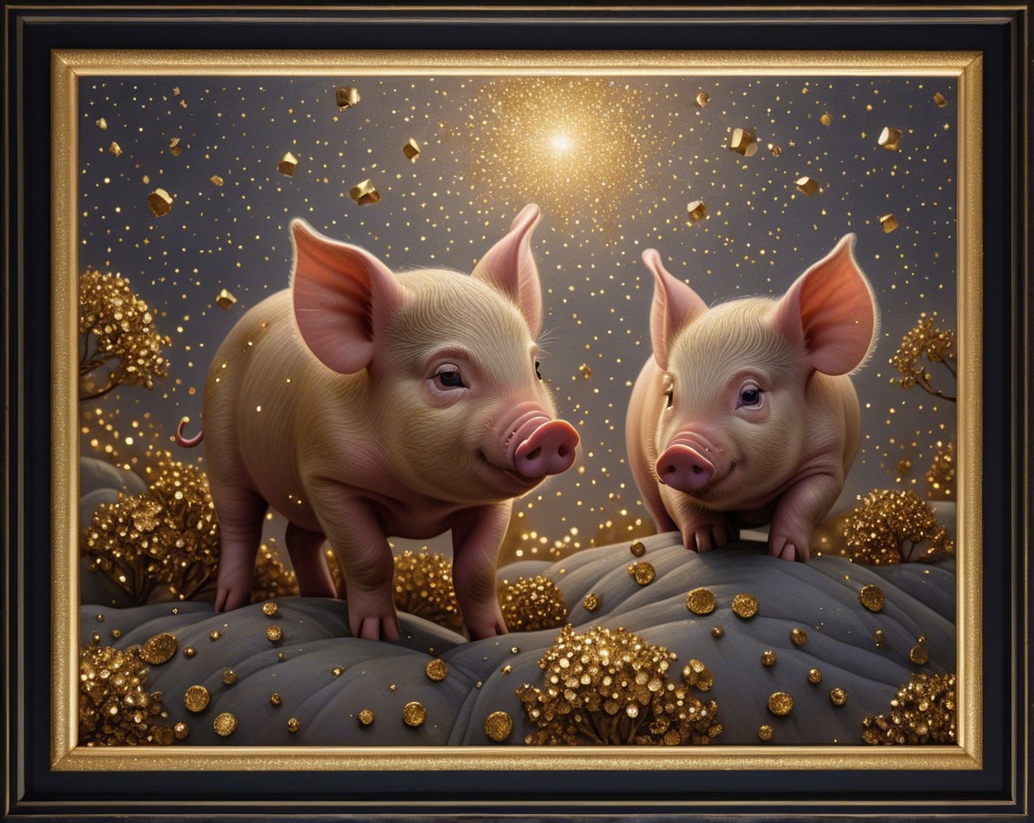 Cartoonish pigs on a textured surface with gold flecks