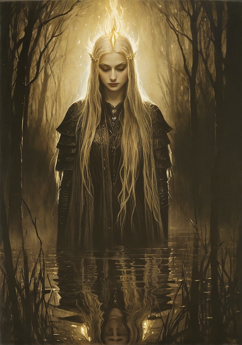 Mystical figure in dark armor in shadowy forest