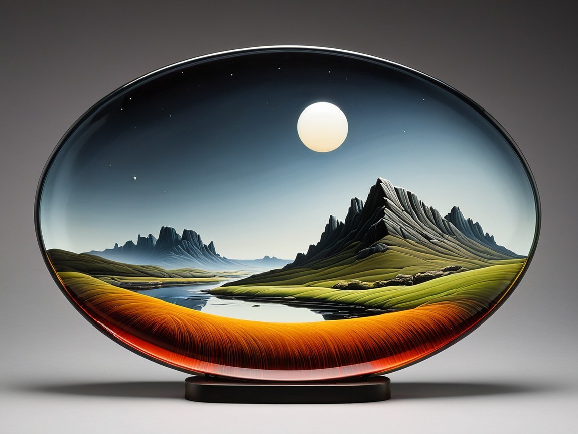 Glass Artwork Depicting Serene Landscape at Sunset