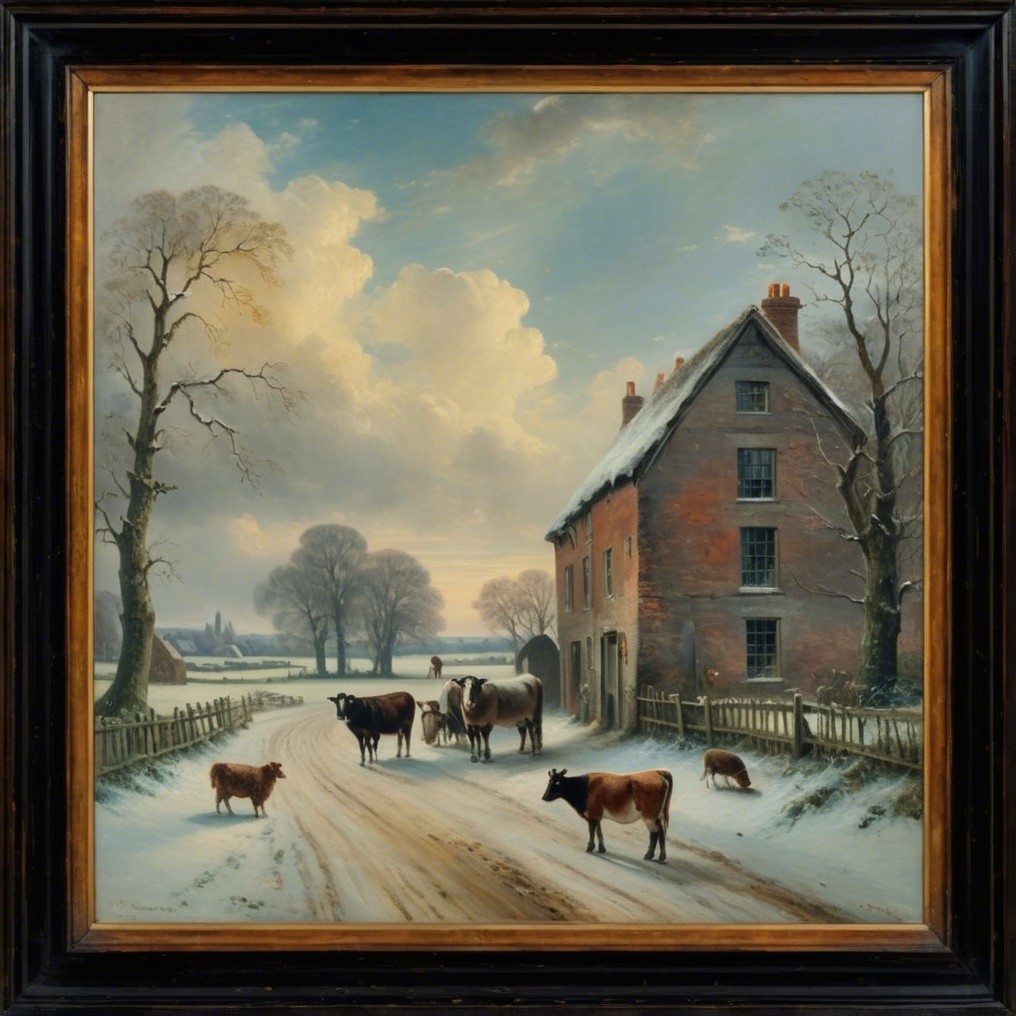 Serene Winter Landscape with Farmhouse and Cows