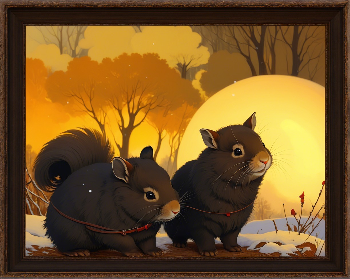 Squirrels in Snowy Scene with Autumn Forest Background