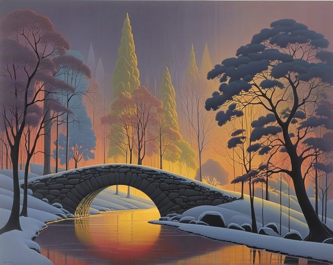 Tranquil Twilight Landscape with Stone Bridge and River