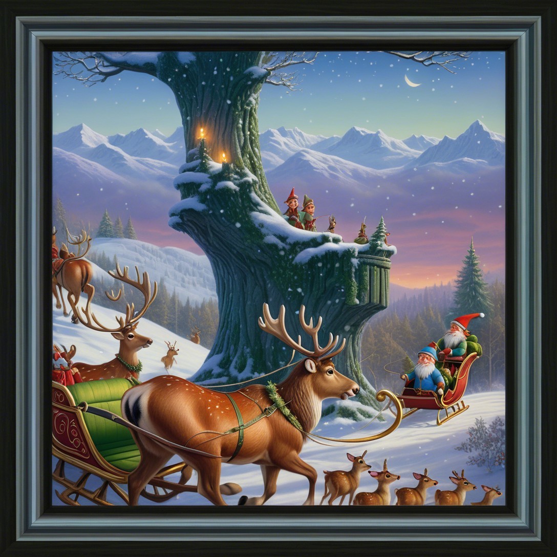 Santa Claus and Gnome in Sleigh with Reindeer in Snowy Forest