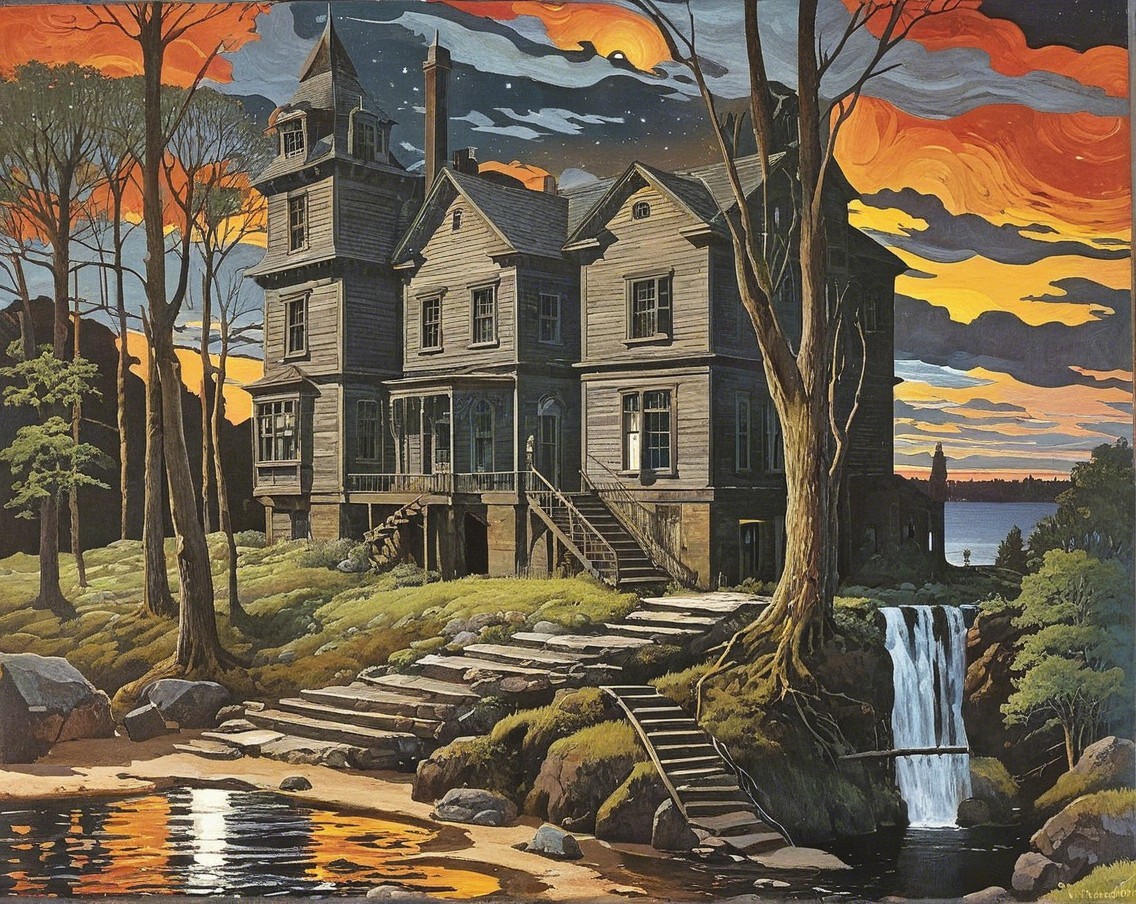 Victorian Mansion by Tranquil River at Sunset