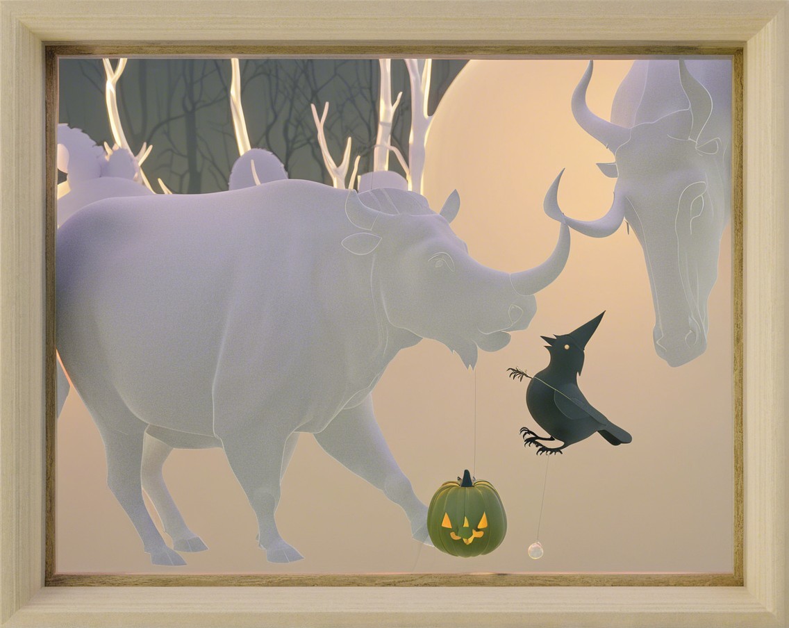 Ghostly Cow and Bird in Autumn Halloween Scene