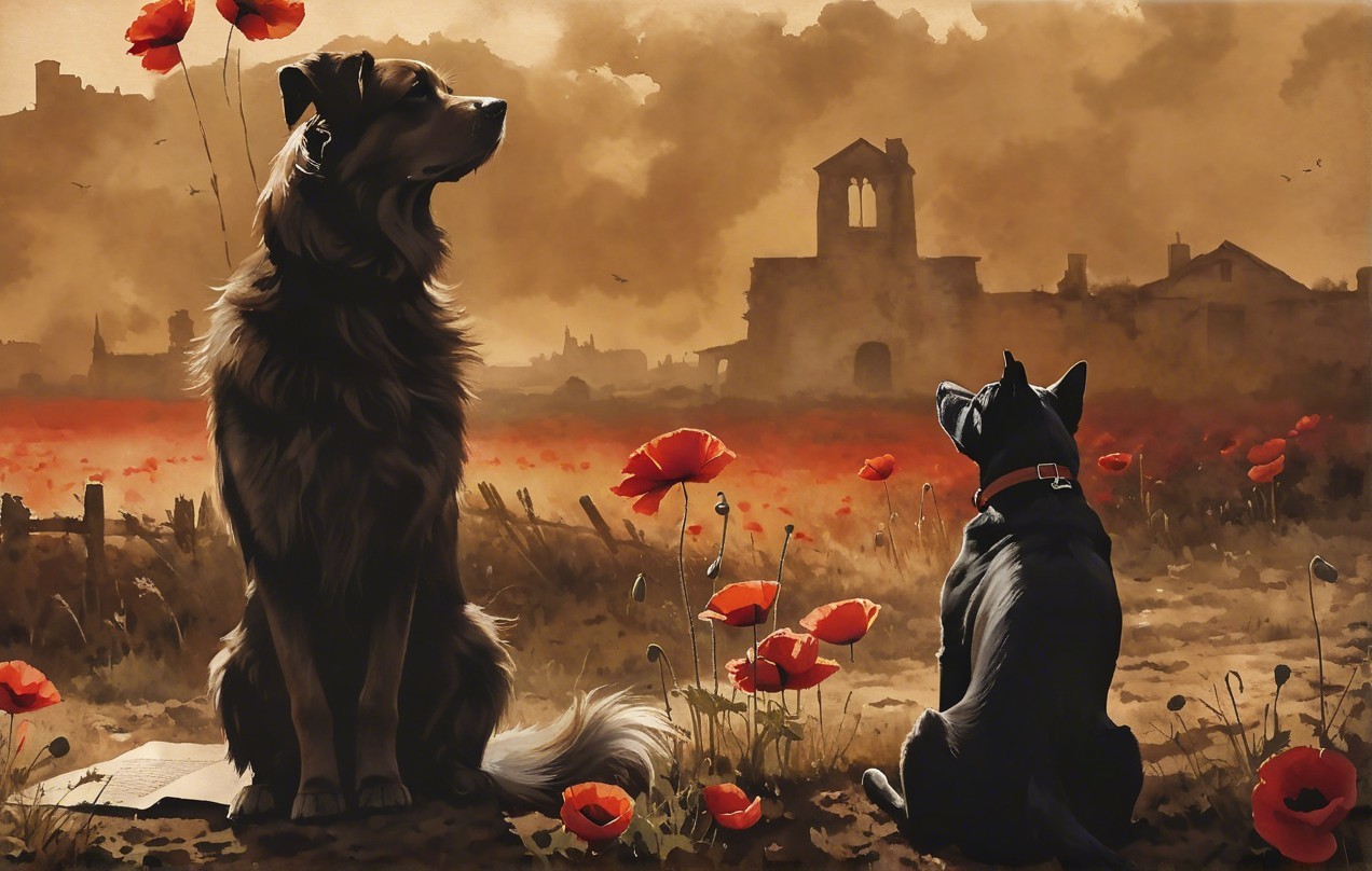 Golden and black dogs in poppy-filled landscape