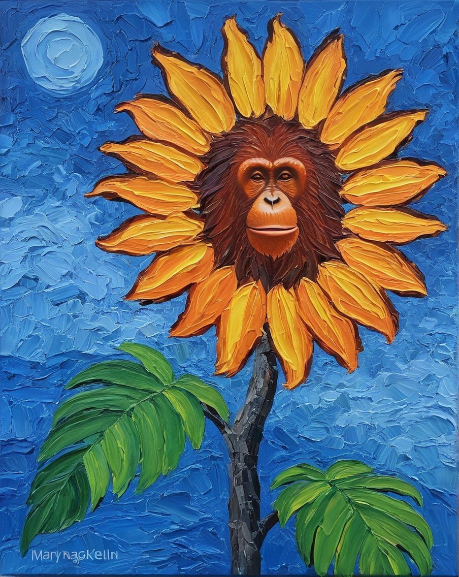 Sunflower with Orangutan Face in Vibrant Artwork