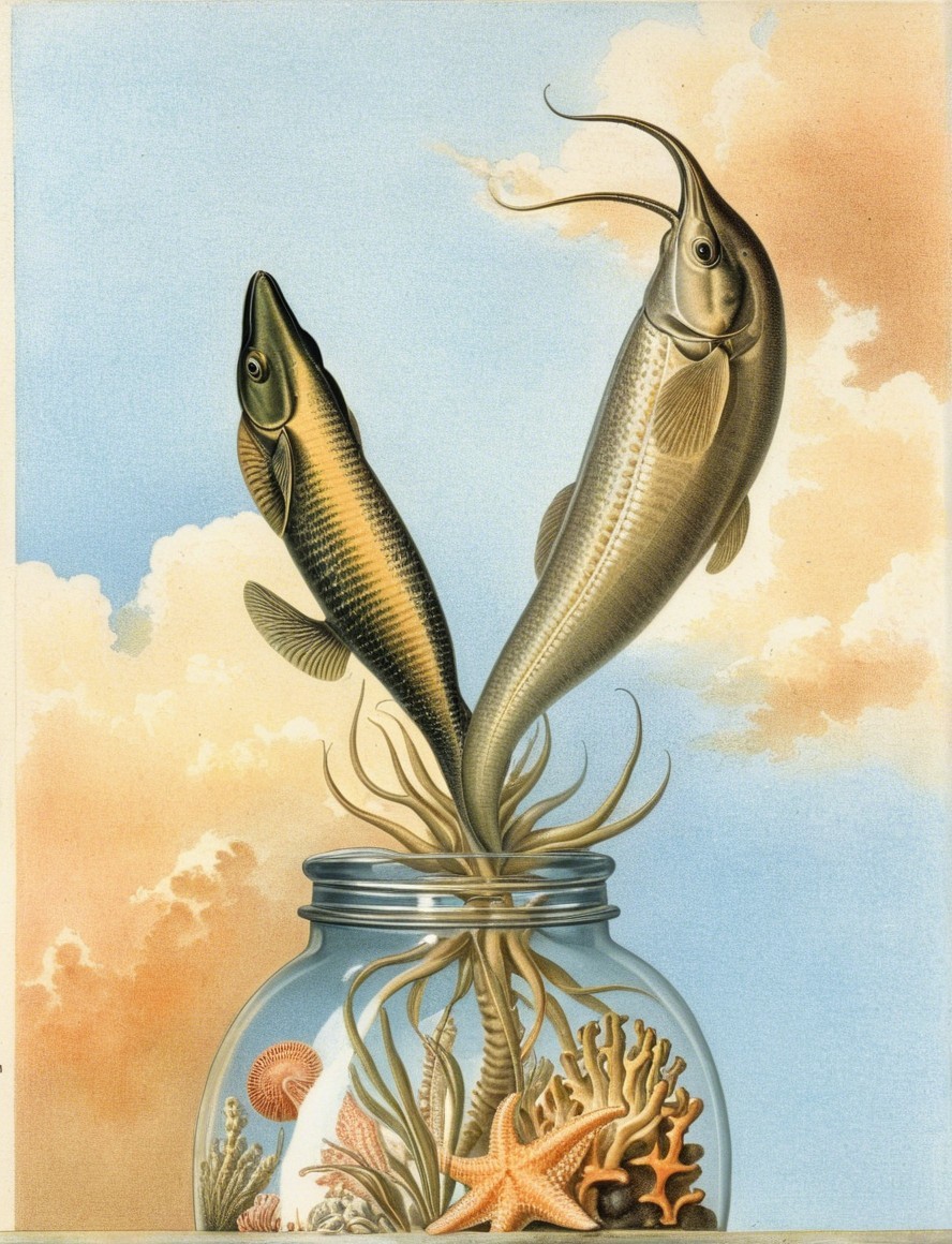 Fish and Marine Scene Inside a Glass Jar Artwork