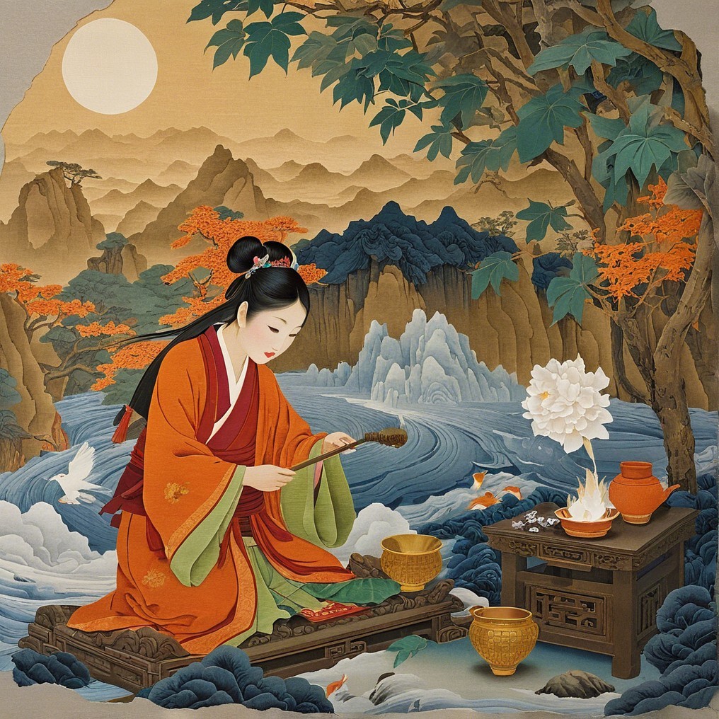 Young Woman Crafting by a Tranquil Riverside