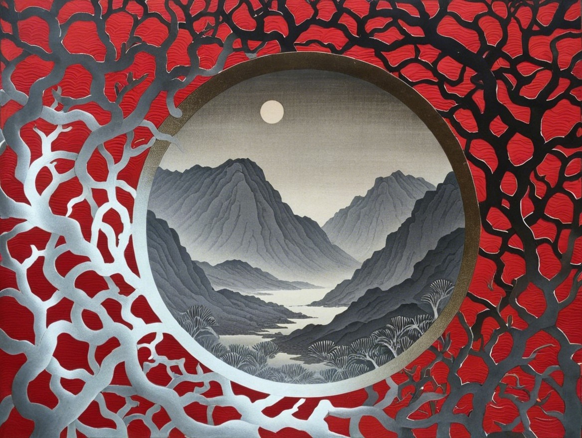 Circular Window Artwork with Monochrome Landscape