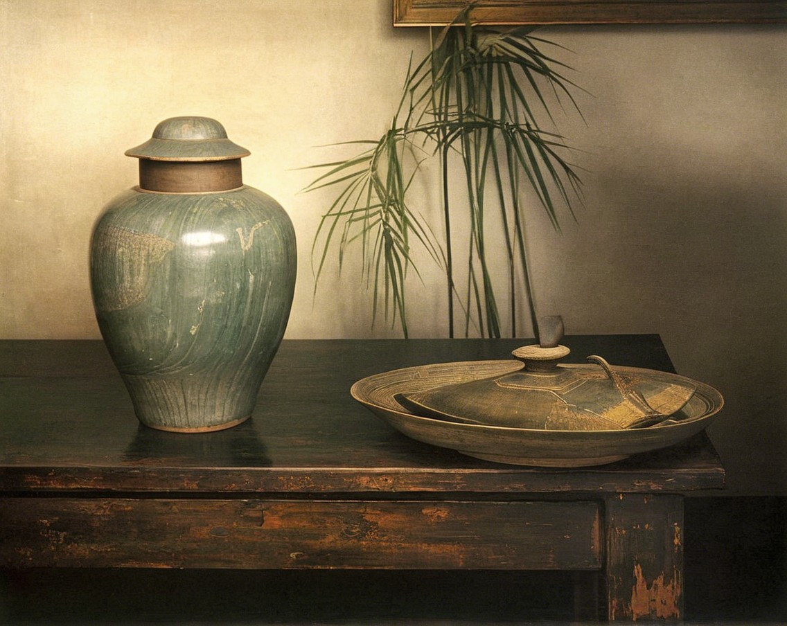 Elegant Ceramic Vase and Dish on Rustic Table