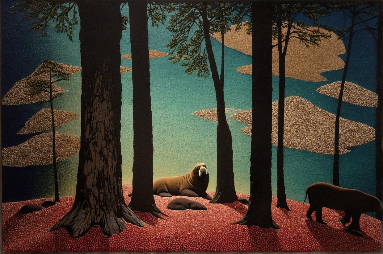 Surreal Forest Landscape with Wildlife and Dreamlike Atmosphere
