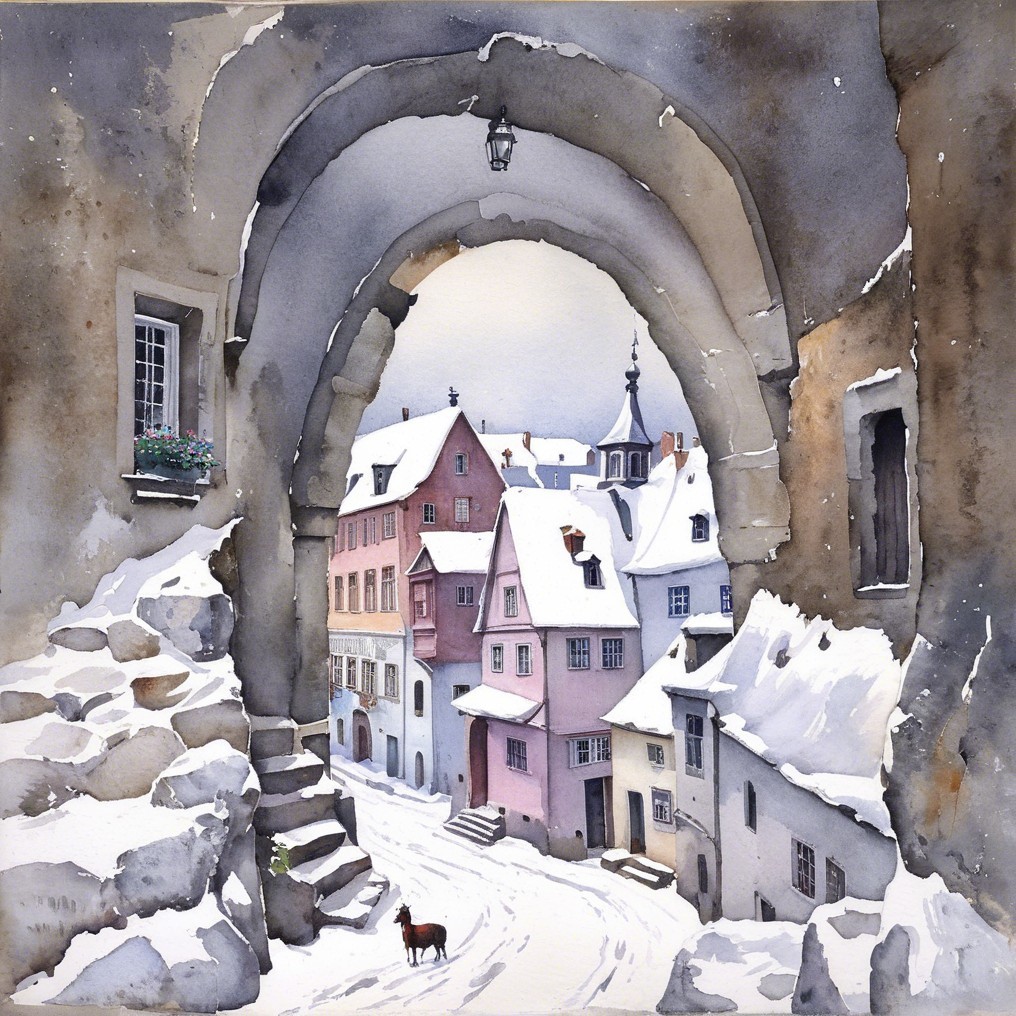 Winter Scene Through Stone Archway with Snowy Village