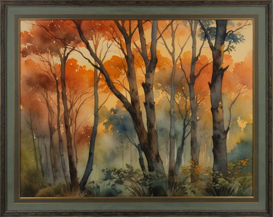 Watercolor Painting of an Autumn Forest Landscape