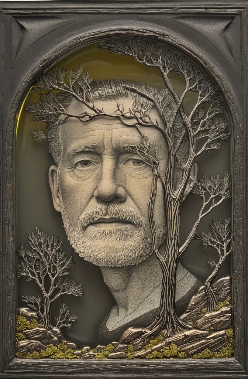Detailed Relief Portrait of Mature Man with Nature Elements