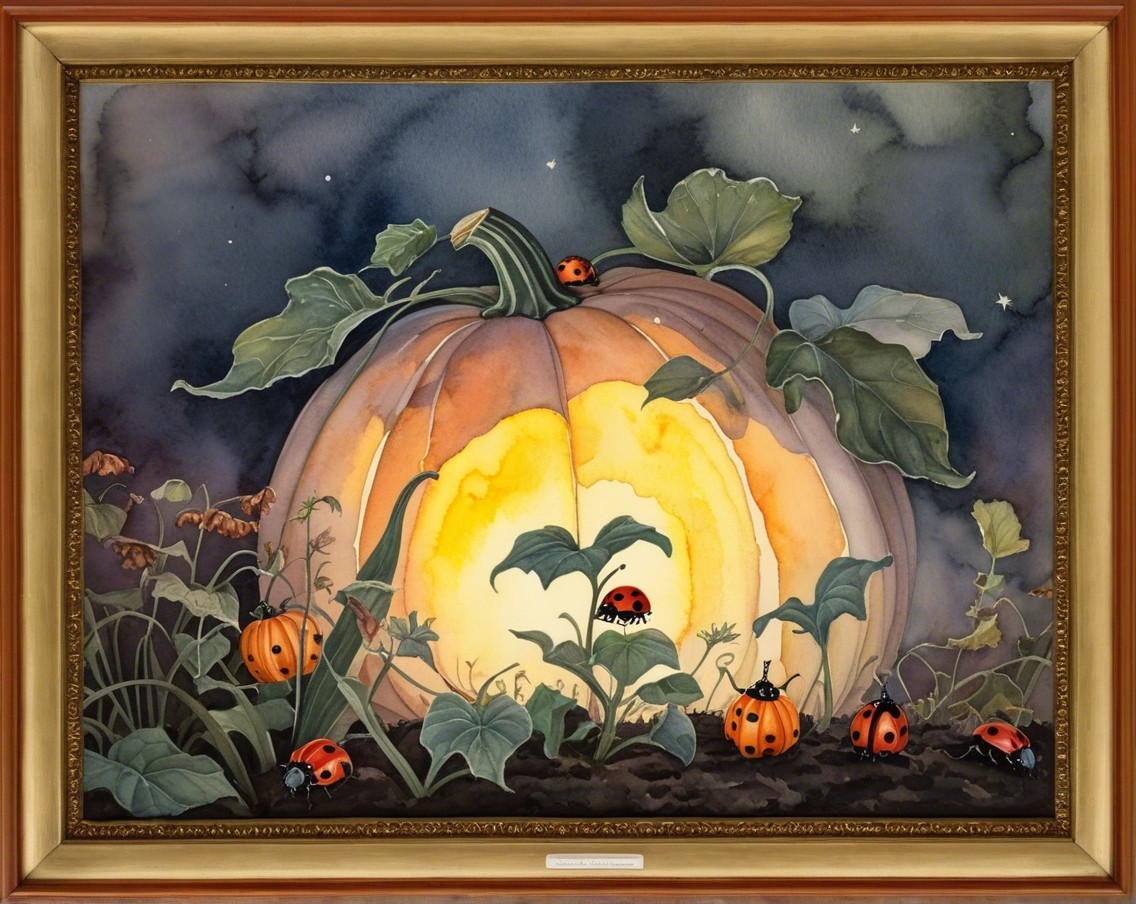 Luminous Pumpkin Surrounded by Green Leaves and Stars