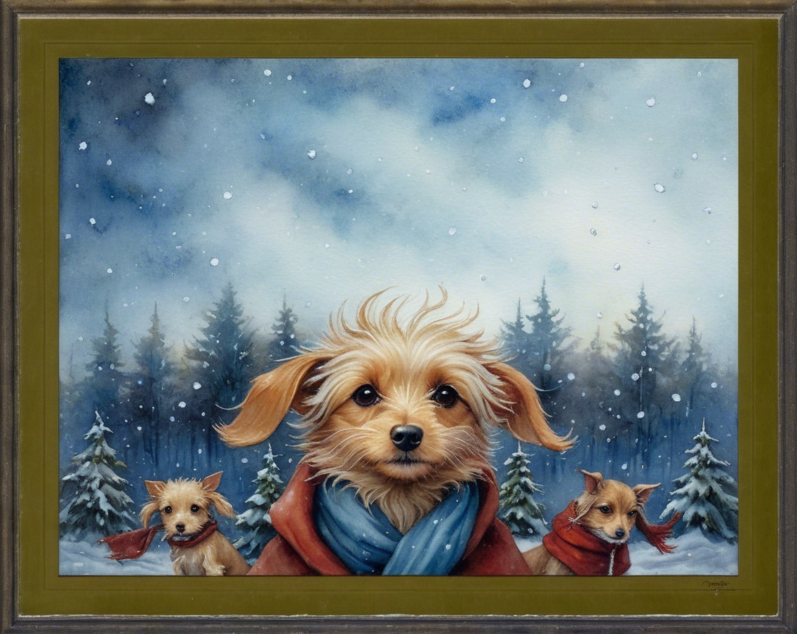 Dogs in Winter Scene with Snowy Trees and Scarves