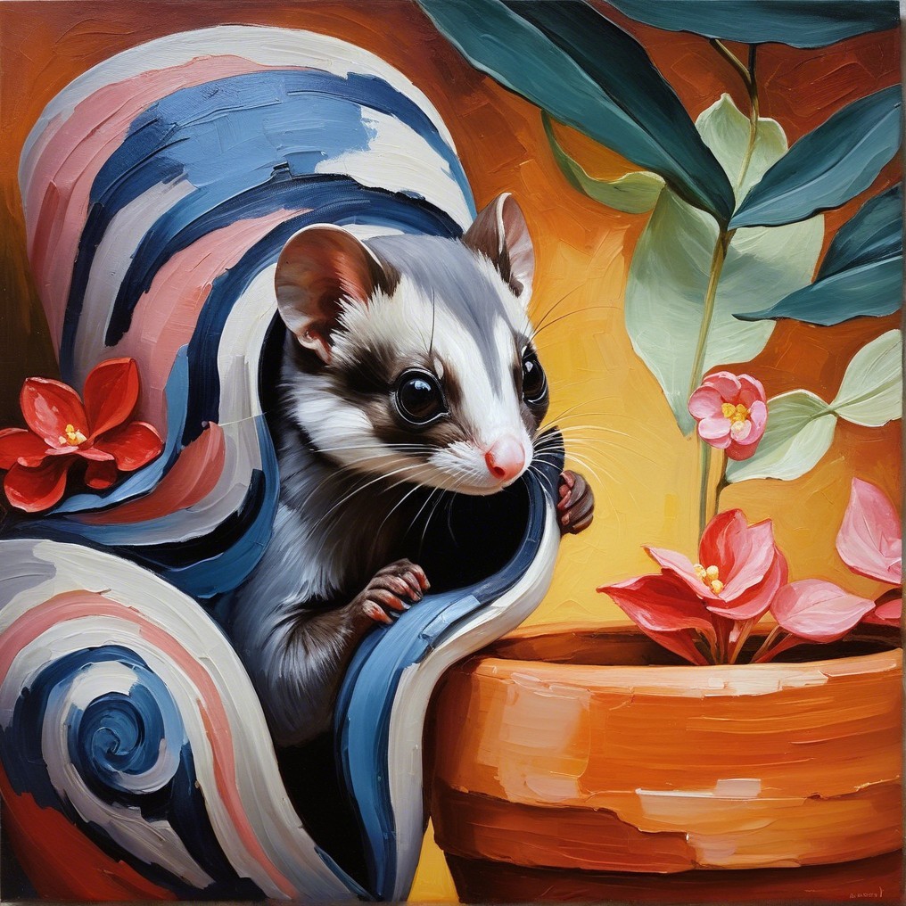 Whimsical Painting of Animal with Colorful Pottery