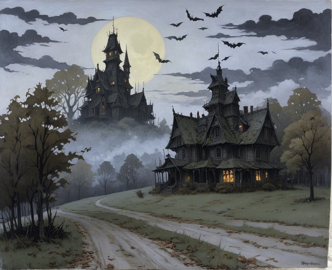 Ominous Mansions in a Misty, Haunting Landscape