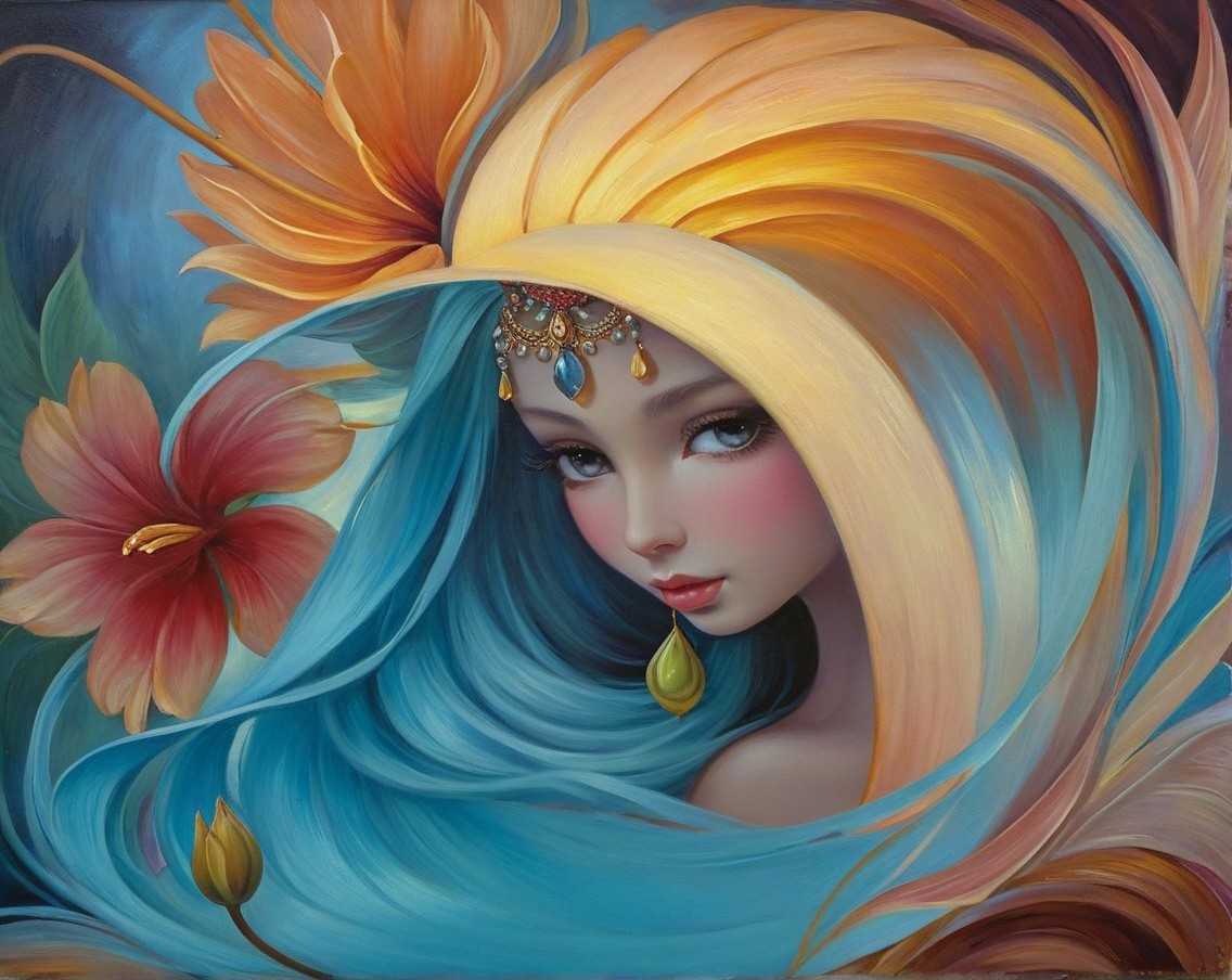 Stylized female figure with blue and gold hair and flowers