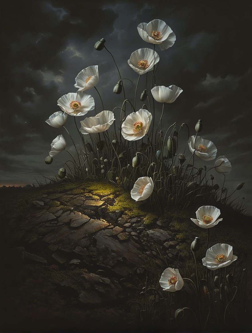 White Poppies Blooming Against Dark Cloudy Background