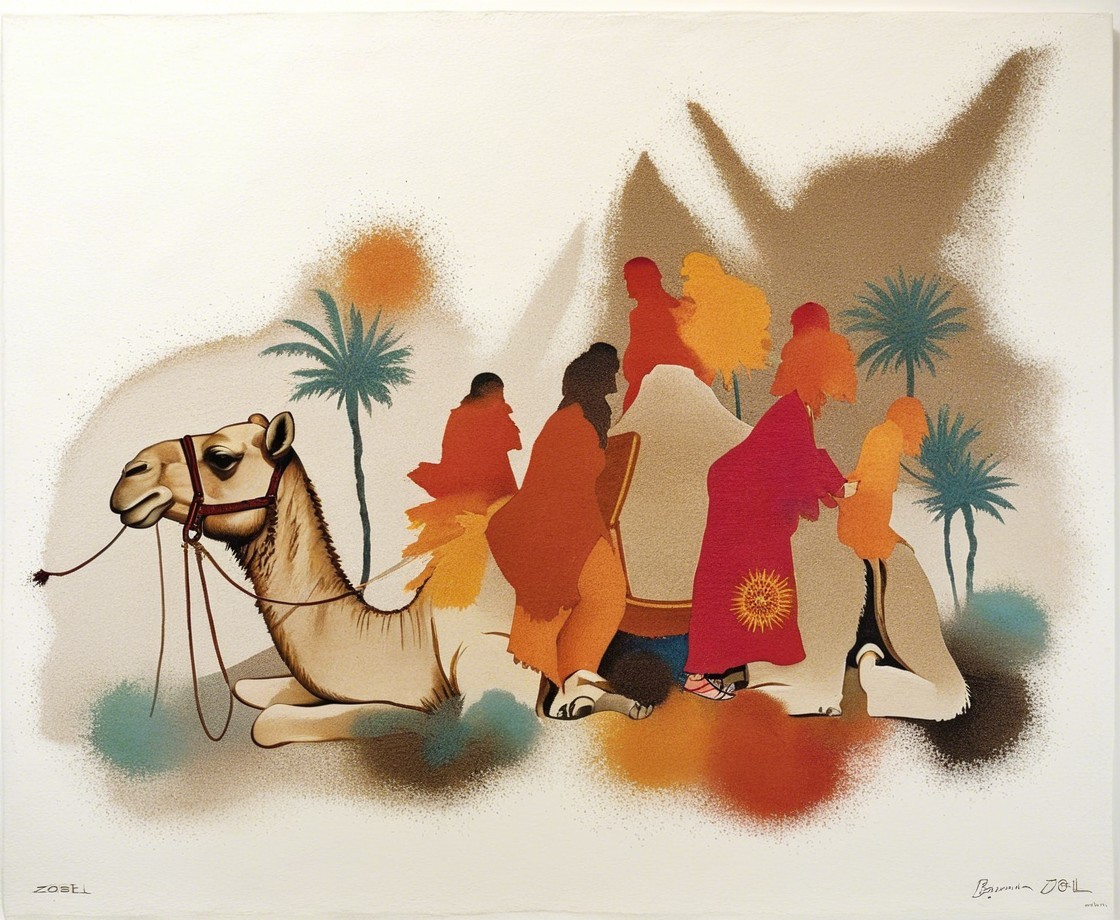 Stylized Camel Scene with Vibrant Cultural Figures