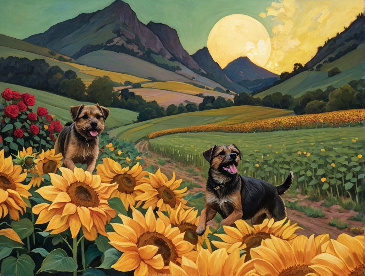 Dogs Playing in a Sunflower Field at Sunset
