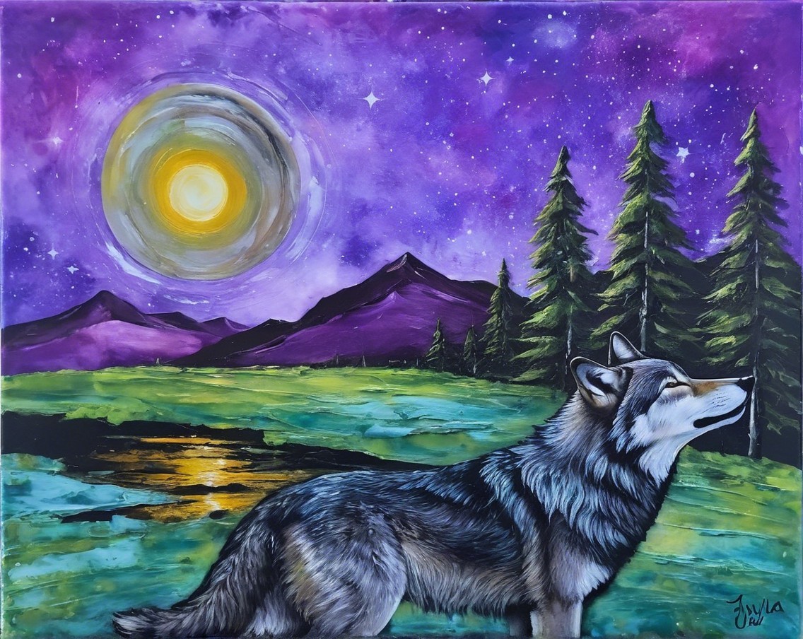 Wolf by Tranquil Lake with Purple Mountains and Stars