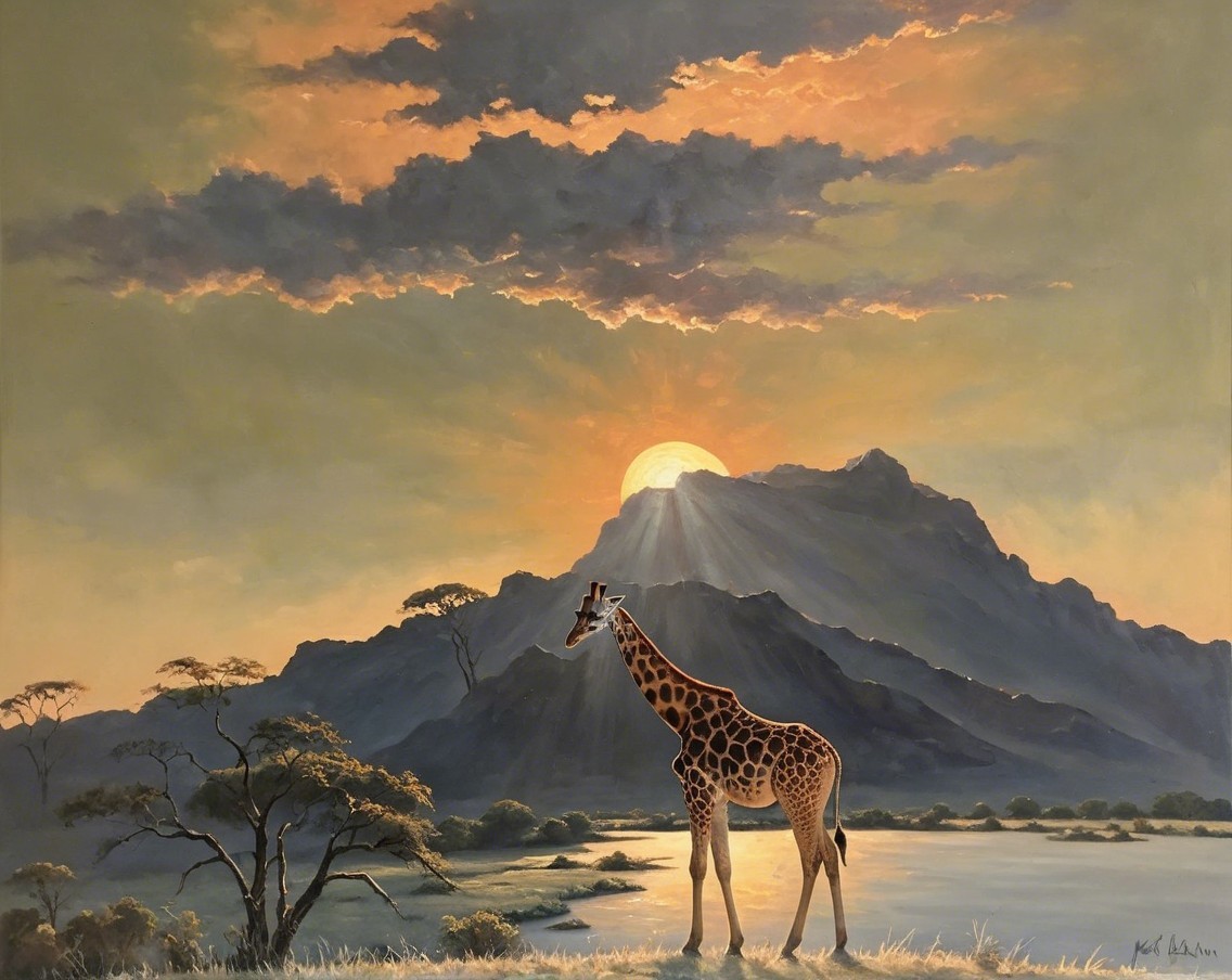 Giraffe Silhouette Against Sunset and Mountains