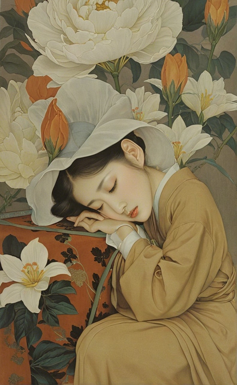 Serene woman in kimono with magnolia flowers