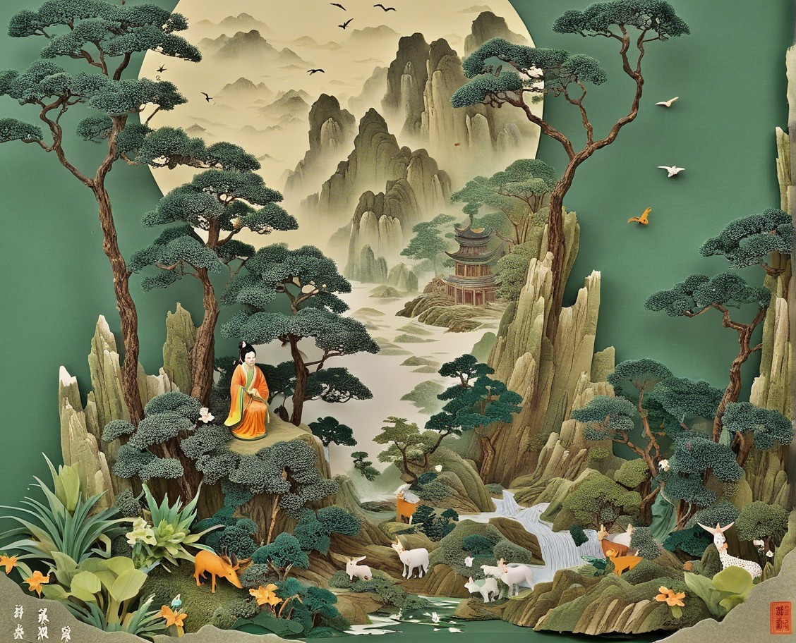 Serene Landscape with Mountains, Stream, and Pagoda