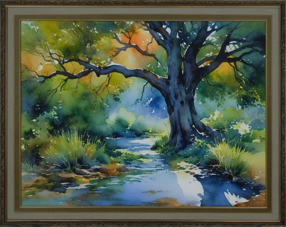 Serene Watercolor Landscape with Majestic Tree