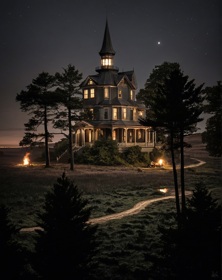 Victorian-style house illuminated at night with trees